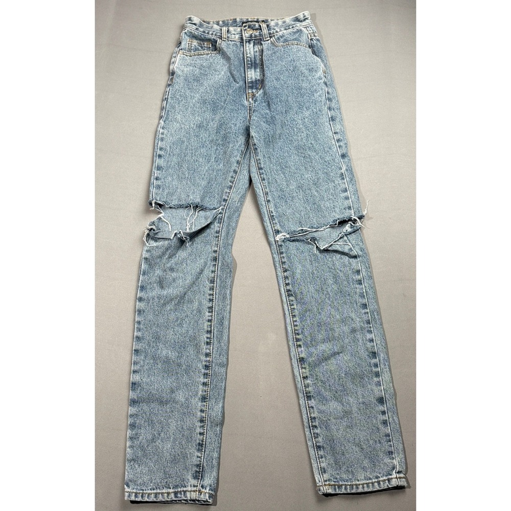 Nasty Gal Ripped Knee Jeans Distressed Denim High Waist Blue Size US 2